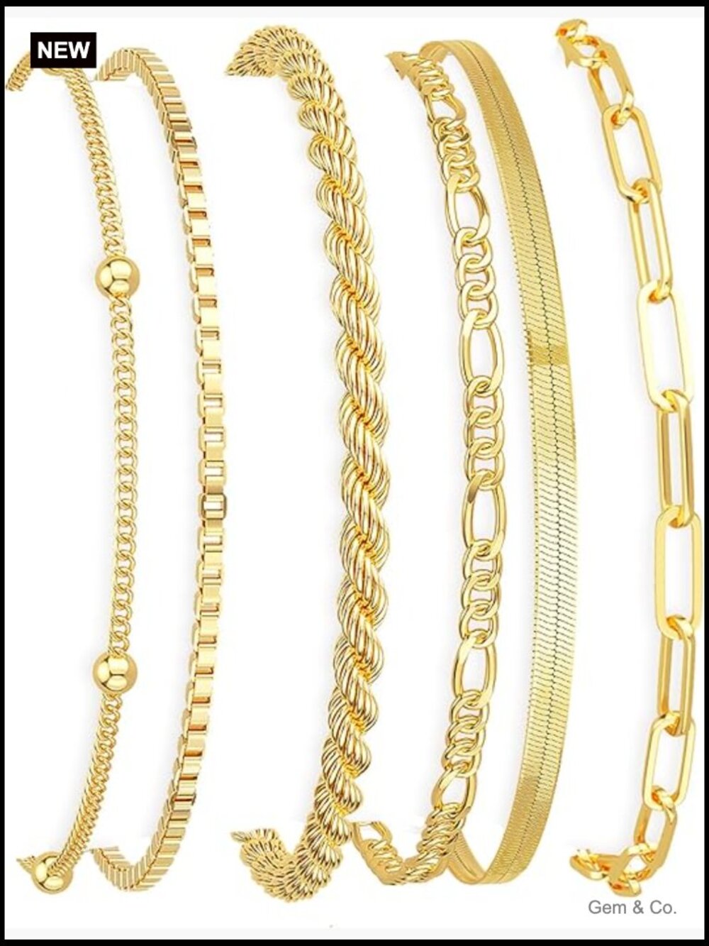 6pc 14K Gold Plated Stackable Thin Chain Bracelet Set with Lobster Clasp